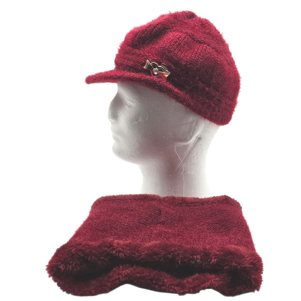 Women's‎ Cozy Knit Hat and Handwarmer Set Burgundy Soft Warm Winter Fashion